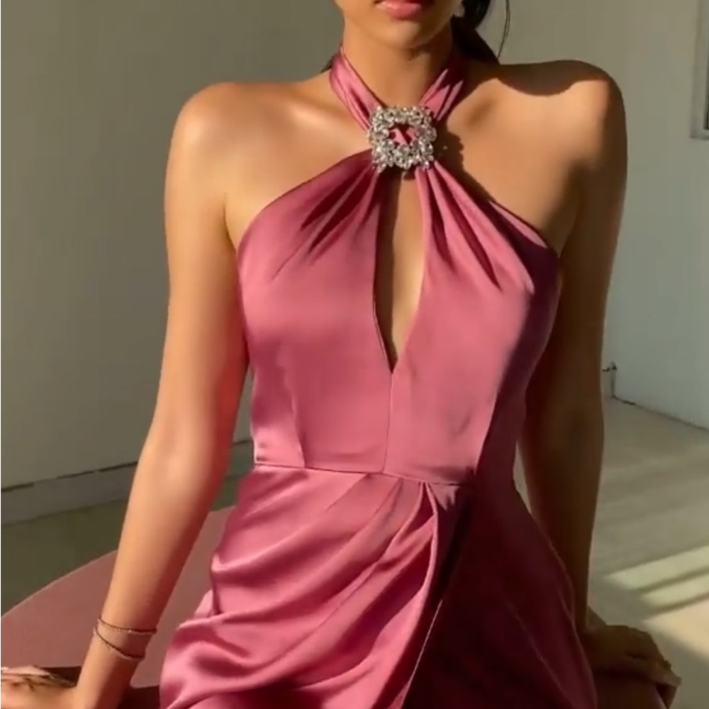 Magenta Pink Twist Halter Embellisged Ruched Gown embellished